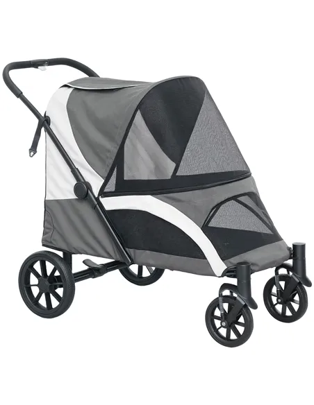 PawHut Foldable Pet Stroller for Large Dogs with 4 Big Wheels, Shock-Absorbing Frame, Safety Leashes, Brakes, Dark Grey