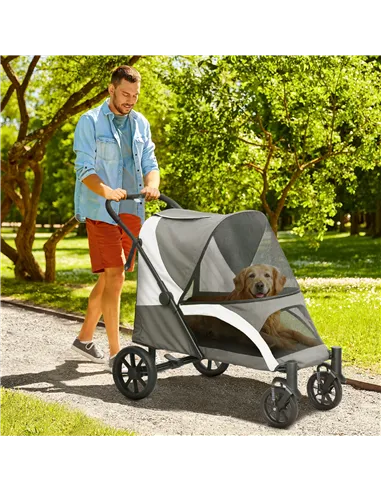 PawHut Foldable Pet Stroller for Large Dogs with 4 Big Wheels, Shock-Absorbing Frame, Safety Leashes, Brakes, Dark Grey