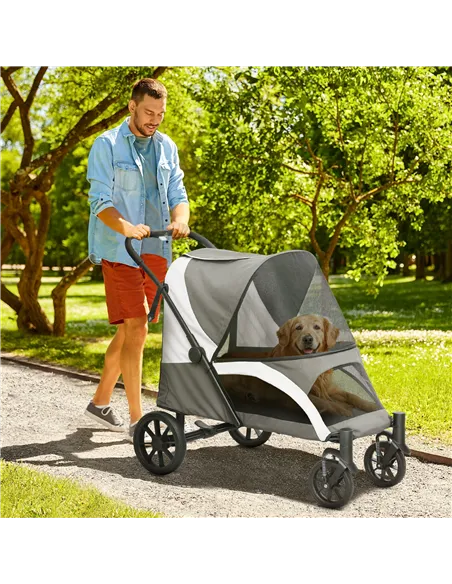 PawHut Foldable Pet Stroller for Large Dogs with 4 Big Wheels, Shock-Absorbing Frame, Safety Leashes, Brakes, Dark Grey
