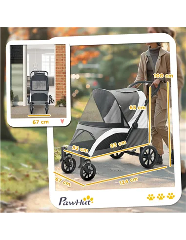 PawHut Foldable Pet Stroller for Large Dogs with 4 Big Wheels, Shock-Absorbing Frame, Safety Leashes, Brakes, Dark Grey