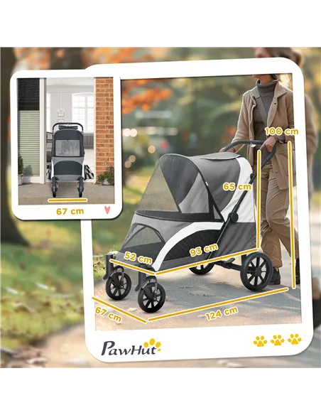 PawHut Foldable Pet Stroller for Large Dogs with 4 Big Wheels, Shock-Absorbing Frame, Safety Leashes, Brakes, Dark Grey