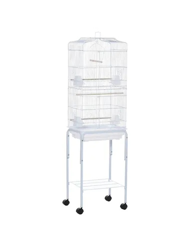 PawHut Bird Cage Budgie Cages for Finch Canary Parakeet with Stand Wheels Slide-out Tray Accessories Storage Shelf, White 46.5 x