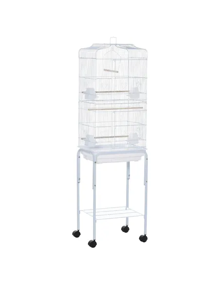 PawHut Bird Cage Budgie Cages for Finch Canary Parakeet with Stand Wheels Slide-out Tray Accessories Storage Shelf, White 46.5 x