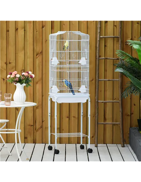 PawHut Bird Cage Budgie Cages for Finch Canary Parakeet with Stand Wheels Slide-out Tray Accessories Storage Shelf, White 46.5 x