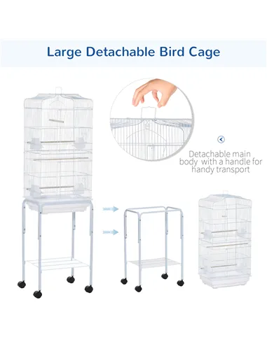 PawHut Bird Cage Budgie Cages for Finch Canary Parakeet with Stand Wheels Slide-out Tray Accessories Storage Shelf, White 46.5 x