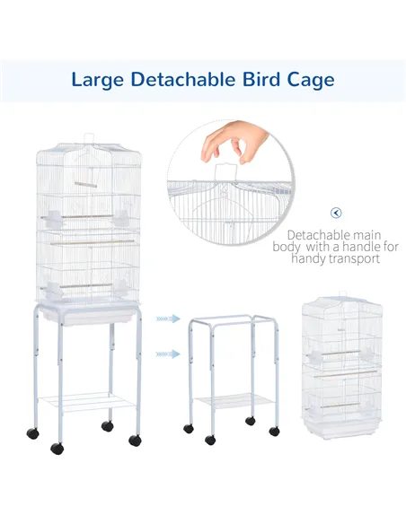 PawHut Bird Cage Budgie Cages for Finch Canary Parakeet with Stand Wheels Slide-out Tray Accessories Storage Shelf, White 46.5 x