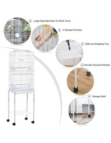 PawHut Bird Cage Budgie Cages for Finch Canary Parakeet with Stand Wheels Slide-out Tray Accessories Storage Shelf, White 46.5 x