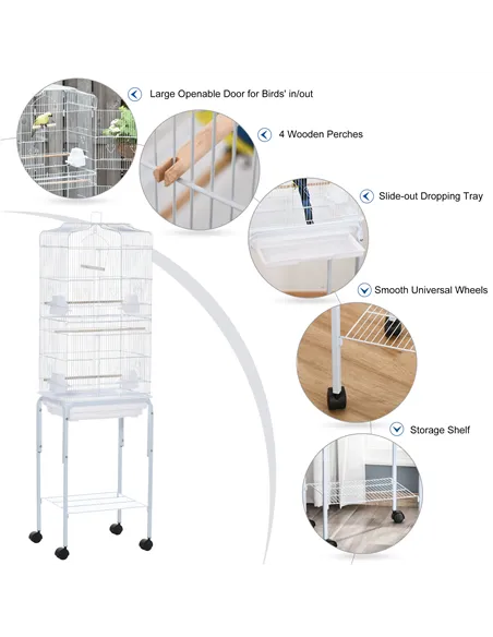 PawHut Bird Cage Budgie Cages for Finch Canary Parakeet with Stand Wheels Slide-out Tray Accessories Storage Shelf, White 46.5 x