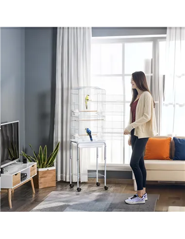 PawHut Bird Cage Budgie Cages for Finch Canary Parakeet with Stand Wheels Slide-out Tray Accessories Storage Shelf, White 46.5 x