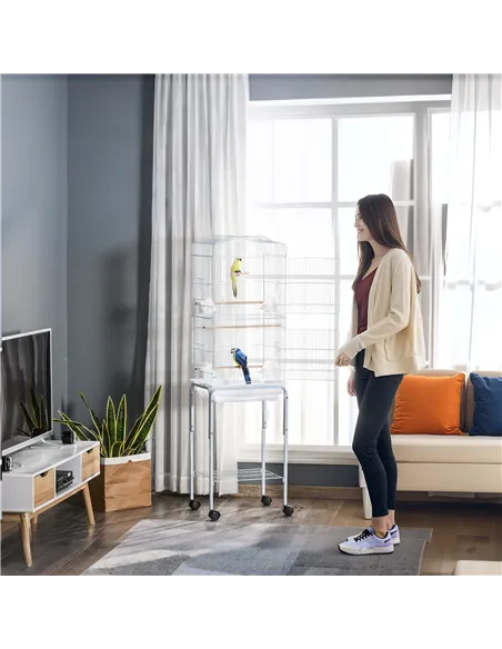 PawHut Bird Cage Budgie Cages for Finch Canary Parakeet with Stand Wheels Slide-out Tray Accessories Storage Shelf, White 46.5 x