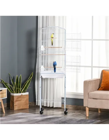 PawHut Bird Cage Budgie Cages for Finch Canary Parakeet with Stand Wheels Slide-out Tray Accessories Storage Shelf, White 46.5 x