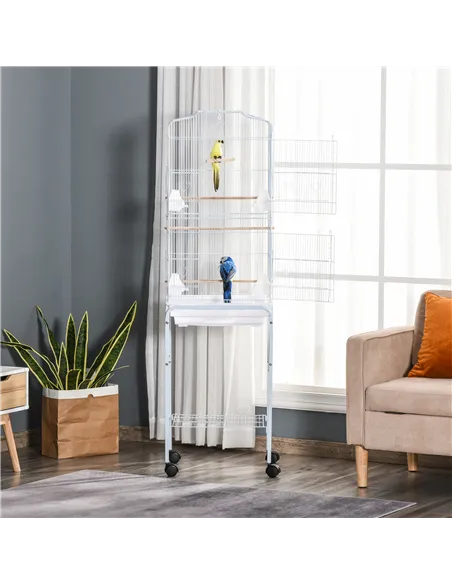 PawHut Bird Cage Budgie Cages for Finch Canary Parakeet with Stand Wheels Slide-out Tray Accessories Storage Shelf, White 46.5 x