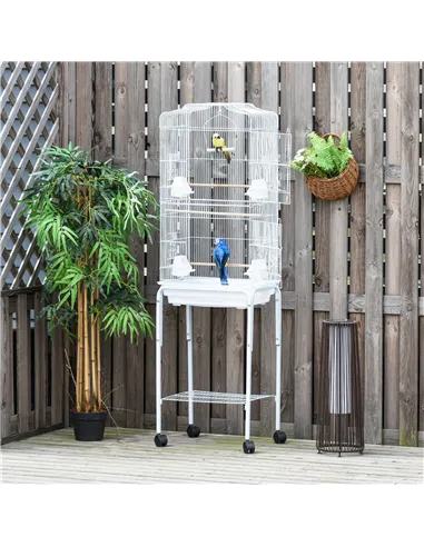 PawHut Bird Cage Budgie Cages for Finch Canary Parakeet with Stand Wheels Slide-out Tray Accessories Storage Shelf, White 46.5 x
