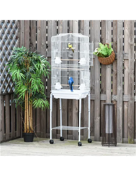 PawHut Bird Cage Budgie Cages for Finch Canary Parakeet with Stand Wheels Slide-out Tray Accessories Storage Shelf, White 46.5 x