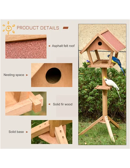 PawHut Wooden Bird Table Freestanding Feeding  Station for Garden Outside ,139H cm, Natural