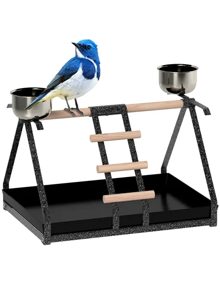 PawHut Parrot Stand Bird Stand w/Wood Perch Ladder Feeder Removable Tray