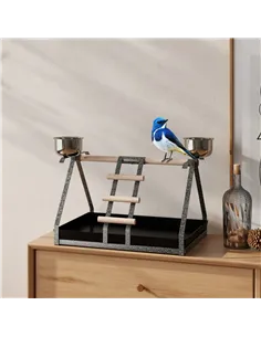 PawHut Parrot Stand Bird Stand w/Wood Perch Ladder Feeder Removable Tray 2