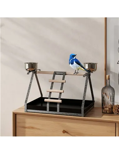 PawHut Parrot Stand Bird Stand w/Wood Perch Ladder Feeder Removable Tray