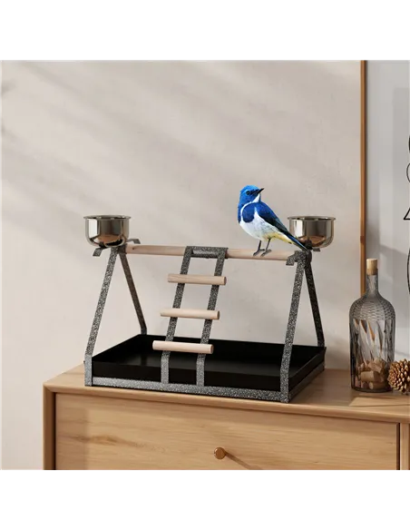 PawHut Parrot Stand Bird Stand w/Wood Perch Ladder Feeder Removable Tray
