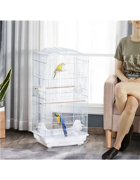 PawHut Large Metal Bird Cage with Perches, Food Bowls, Swing, for Budgies, Parakeets, White