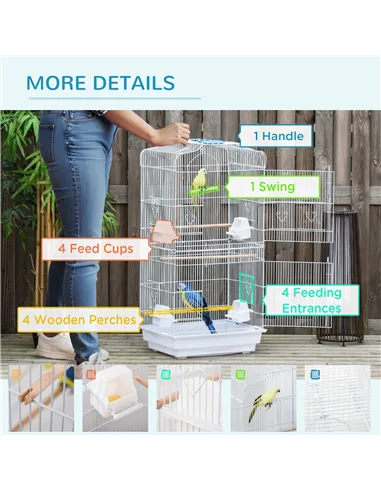 PawHut Large Metal Bird Cage with Perches, Food Bowls, Swing, for Budgies, Parakeets, White