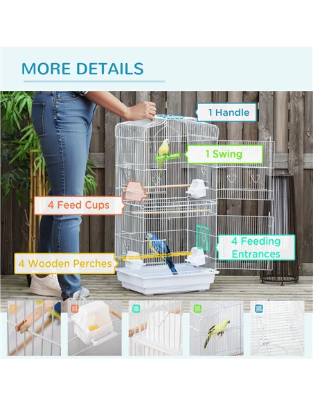 PawHut Large Metal Bird Cage with Perches, Food Bowls, Swing, for Budgies, Parakeets, White