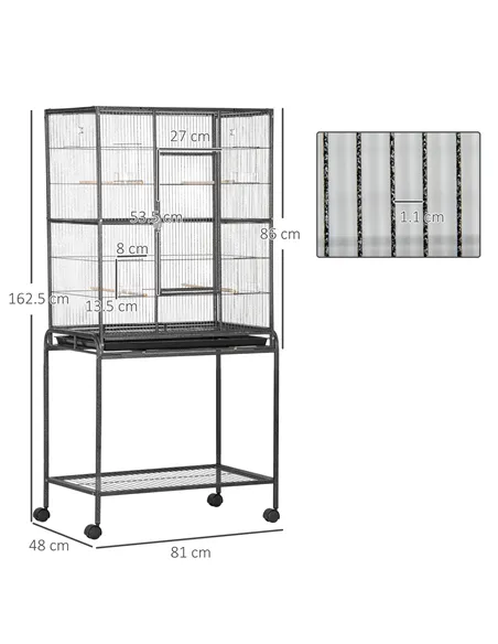 PawHut Large Bird Cage Budgie Cage with Stand, Storage Shelf, Wood Perch for Parrot Canary Parakeet Cockatiels, 81 x 48 x 162.5 