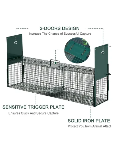 PawHut Two-Door Live Trap for Small Animals, Animal Trap for Rat, Mice - Dark Green