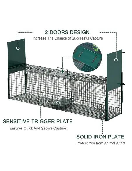 PawHut Two-Door Live Trap for Small Animals, Animal Trap for Rat, Mice - Dark Green