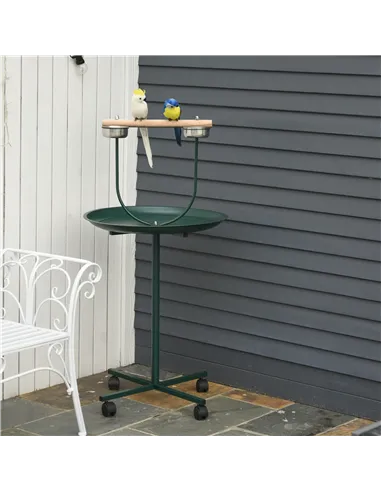 PawHut Bird Perch Stand with Four Wheels, Feeding Bowls, for Small, Medium Birds, Green