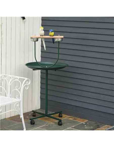 PawHut Bird Perch Stand with Four Wheels, Feeding Bowls, for Small, Medium Birds, Green