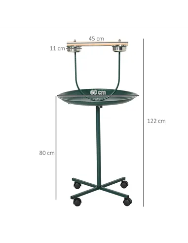 PawHut Bird Perch Stand with Four Wheels, Feeding Bowls, for Small, Medium Birds, Green