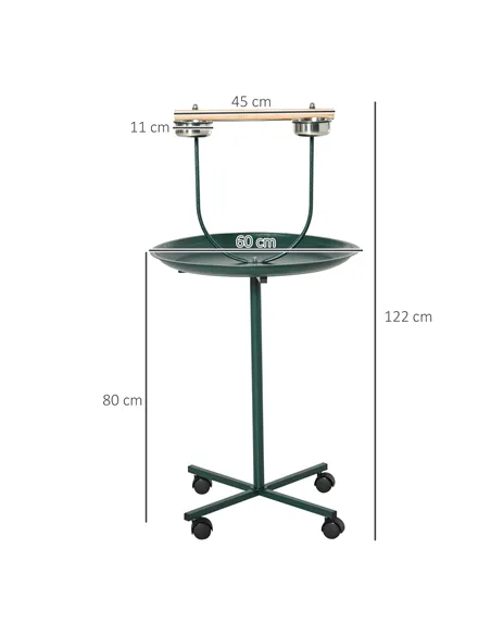 PawHut Bird Perch Stand with Four Wheels, Feeding Bowls, for Small, Medium Birds, Green
