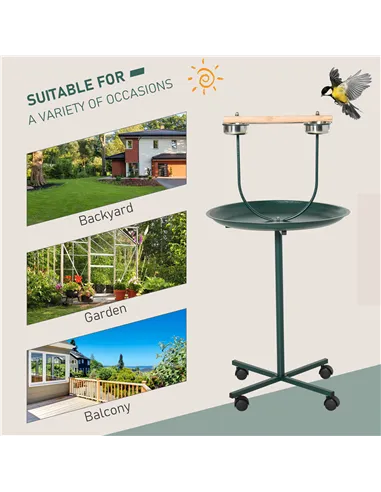 PawHut Bird Perch Stand with Four Wheels, Feeding Bowls, for Small, Medium Birds, Green