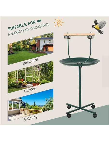 PawHut Bird Perch Stand with Four Wheels, Feeding Bowls, for Small, Medium Birds, Green