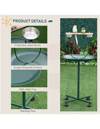 PawHut Bird Perch Stand with Four Wheels, Feeding Bowls, for Small, Medium Birds, Green