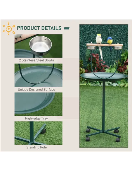 PawHut Bird Perch Stand with Four Wheels, Feeding Bowls, for Small, Medium Birds, Green