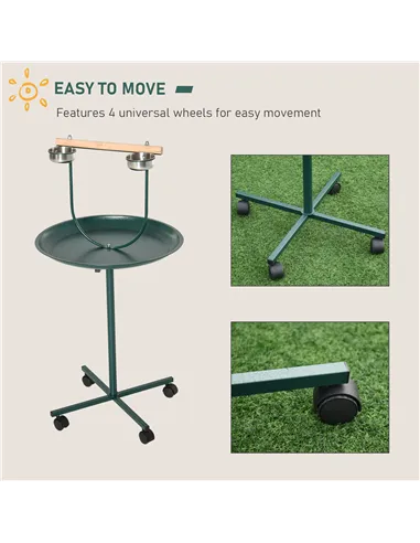 PawHut Bird Perch Stand with Four Wheels, Feeding Bowls, for Small, Medium Birds, Green