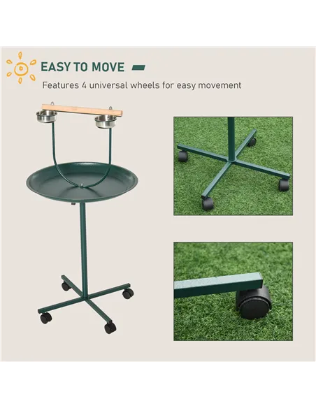 PawHut Bird Perch Stand with Four Wheels, Feeding Bowls, for Small, Medium Birds, Green