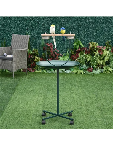 PawHut Bird Perch Stand with Four Wheels, Feeding Bowls, for Small, Medium Birds, Green