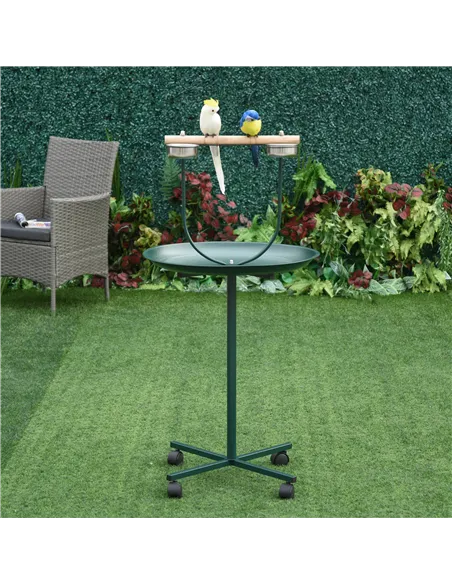 PawHut Bird Perch Stand with Four Wheels, Feeding Bowls, for Small, Medium Birds, Green