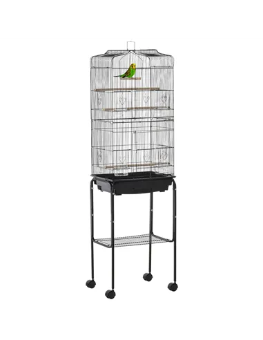 PawHut Bird Cage Budgie Cages for Finch Canary Parakeet with Stand Wheels Slide-out Tray Accessories Storage Shelf, Black 46.5 x