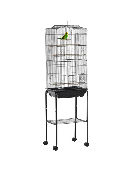 PawHut Bird Cage Budgie Cages for Finch Canary Parakeet with Stand Wheels Slide-out Tray Accessories Storage Shelf, Black 46.5 x