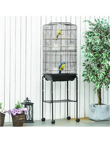 PawHut Bird Cage Budgie Cages for Finch Canary Parakeet with Stand Wheels Slide-out Tray Accessories Storage Shelf, Black 46.5 x