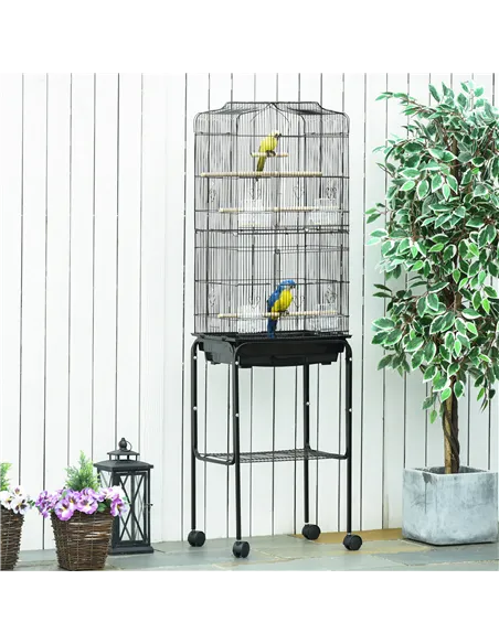 PawHut Bird Cage Budgie Cages for Finch Canary Parakeet with Stand Wheels Slide-out Tray Accessories Storage Shelf, Black 46.5 x