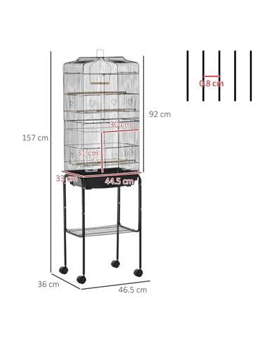 PawHut Bird Cage Budgie Cages for Finch Canary Parakeet with Stand Wheels Slide-out Tray Accessories Storage Shelf, Black 46.5 x