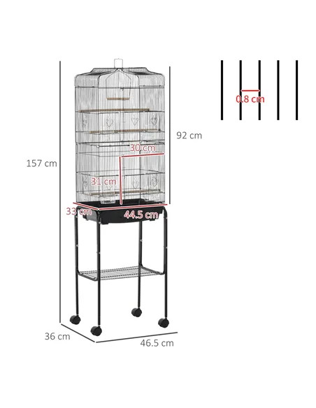 PawHut Bird Cage Budgie Cages for Finch Canary Parakeet with Stand Wheels Slide-out Tray Accessories Storage Shelf, Black 46.5 x