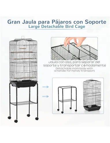 PawHut Bird Cage Budgie Cages for Finch Canary Parakeet with Stand Wheels Slide-out Tray Accessories Storage Shelf, Black 46.5 x