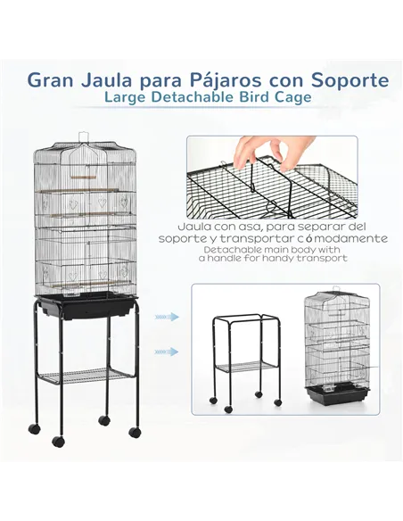 PawHut Bird Cage Budgie Cages for Finch Canary Parakeet with Stand Wheels Slide-out Tray Accessories Storage Shelf, Black 46.5 x