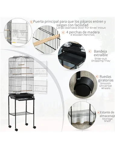 PawHut Bird Cage Budgie Cages for Finch Canary Parakeet with Stand Wheels Slide-out Tray Accessories Storage Shelf, Black 46.5 x